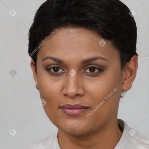 Joyful latino young-adult female with short  brown hair and brown eyes