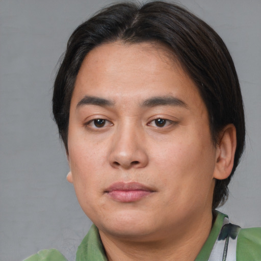 Neutral asian young-adult male with short  brown hair and brown eyes