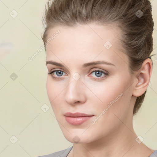 Neutral white young-adult female with short  brown hair and brown eyes