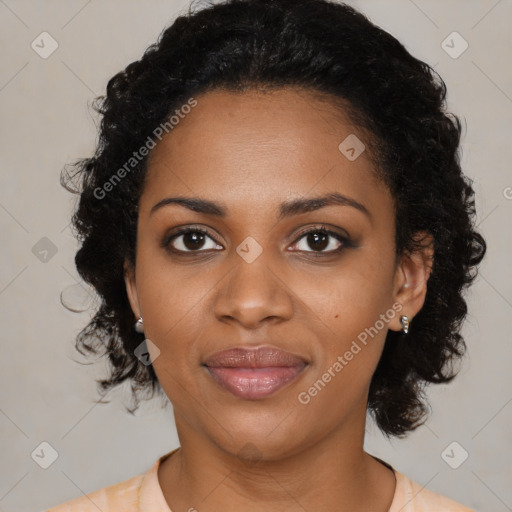 Joyful black young-adult female with medium  black hair and brown eyes