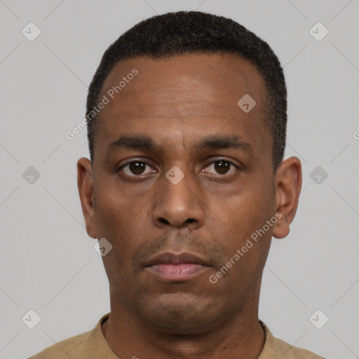 Neutral black adult male with short  black hair and brown eyes