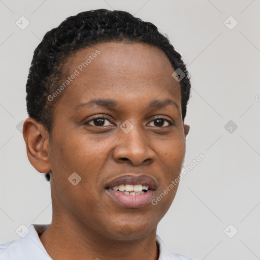 Joyful black young-adult female with short  brown hair and brown eyes