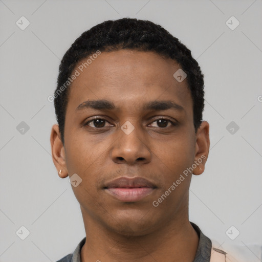 Neutral black young-adult male with short  black hair and brown eyes