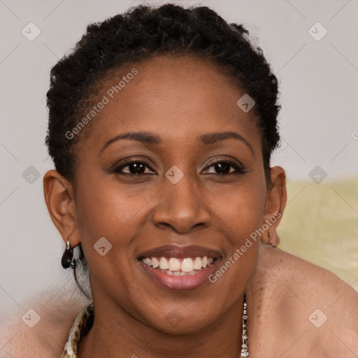 Joyful black young-adult female with short  brown hair and brown eyes