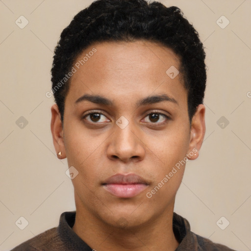 Neutral black young-adult male with short  black hair and brown eyes