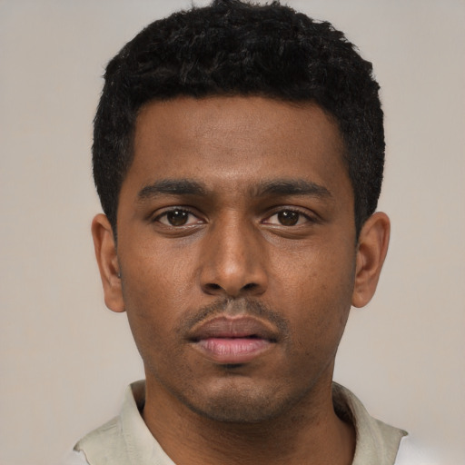 Neutral black young-adult male with short  black hair and brown eyes