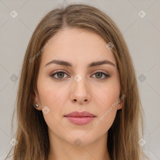 Neutral white young-adult female with long  brown hair and brown eyes