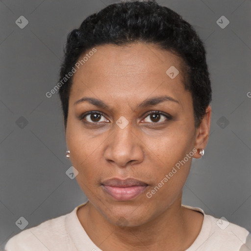 Neutral black adult female with short  brown hair and brown eyes