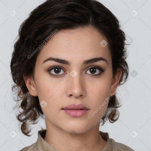 Neutral white young-adult female with medium  brown hair and brown eyes