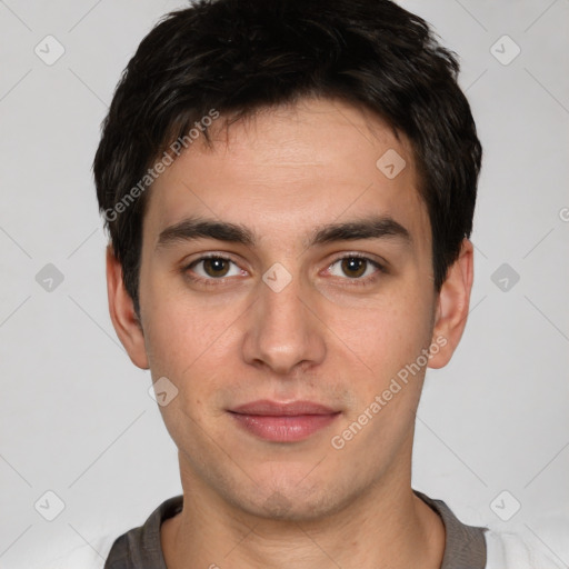 Neutral white young-adult male with short  brown hair and brown eyes