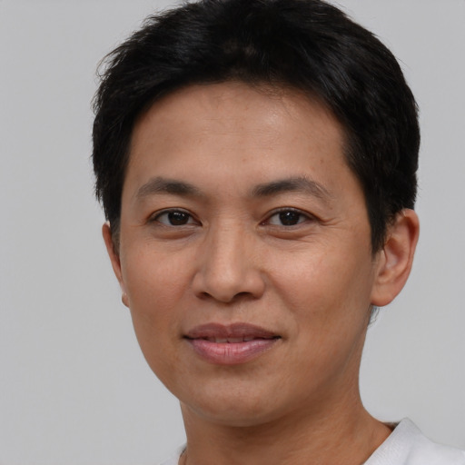 Joyful asian adult male with short  brown hair and brown eyes