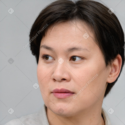 Neutral white adult female with medium  brown hair and brown eyes