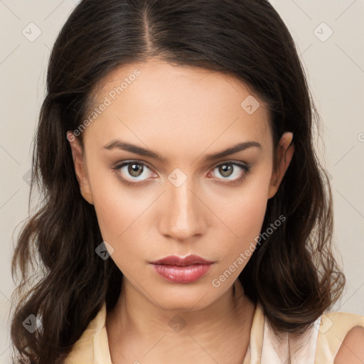 Neutral white young-adult female with medium  brown hair and brown eyes