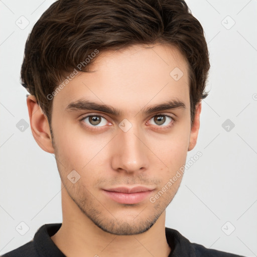 Neutral white young-adult male with short  brown hair and brown eyes