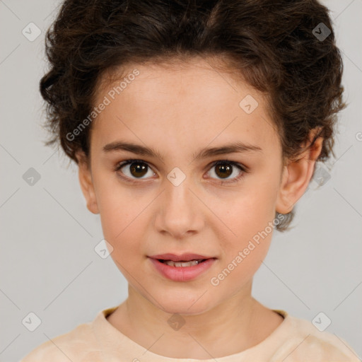 Joyful white child female with short  brown hair and brown eyes