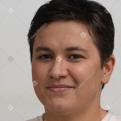 Joyful white young-adult female with short  brown hair and brown eyes