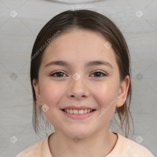 Joyful white child female with medium  brown hair and brown eyes