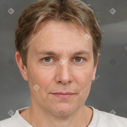 Neutral white adult male with short  brown hair and grey eyes