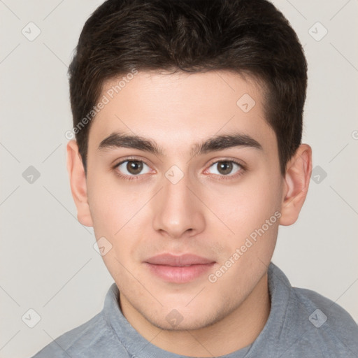 Neutral white young-adult male with short  brown hair and brown eyes