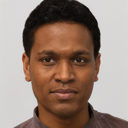 Neutral black young-adult male with short  black hair and brown eyes