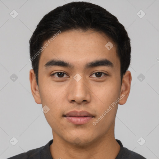 Neutral latino young-adult male with short  black hair and brown eyes