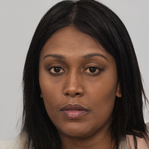 Neutral asian young-adult female with long  black hair and brown eyes