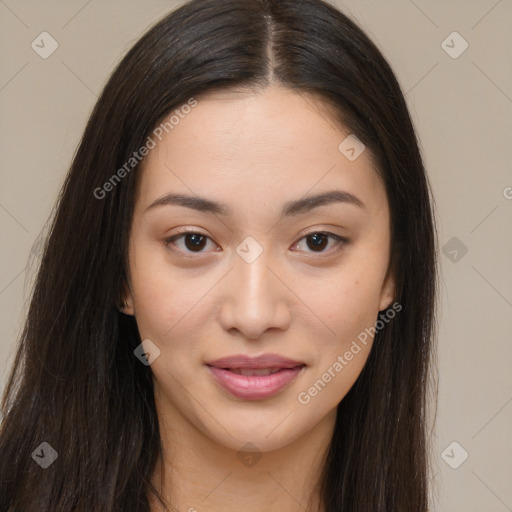 Joyful asian young-adult female with long  brown hair and brown eyes