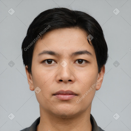 Neutral asian young-adult male with short  black hair and brown eyes