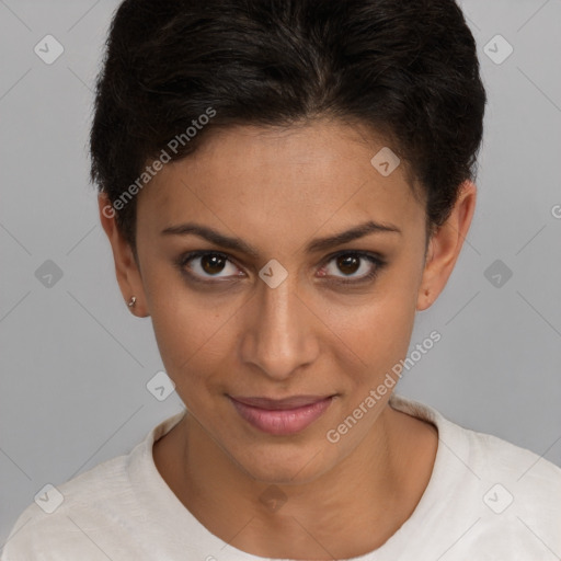 Joyful white young-adult female with short  brown hair and brown eyes