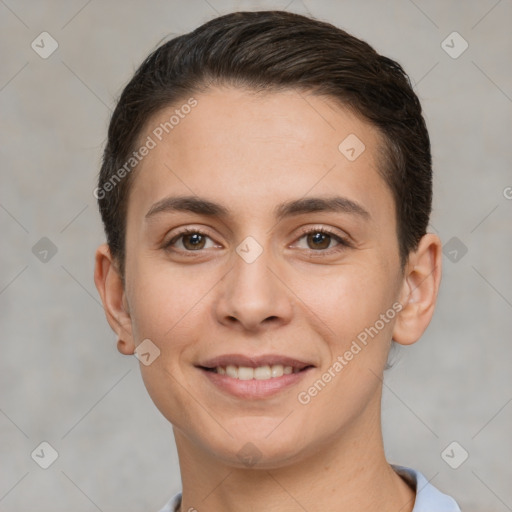 Joyful white young-adult female with short  brown hair and brown eyes