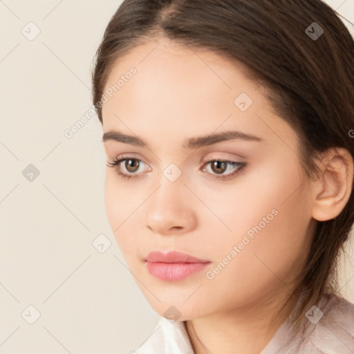 Neutral white young-adult female with long  brown hair and brown eyes