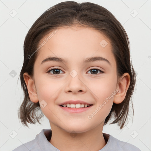 Joyful white child female with medium  brown hair and brown eyes