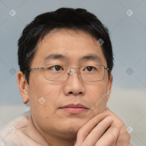 Neutral asian adult male with short  brown hair and brown eyes