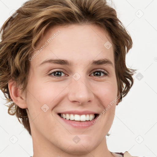 Joyful white young-adult female with medium  brown hair and green eyes