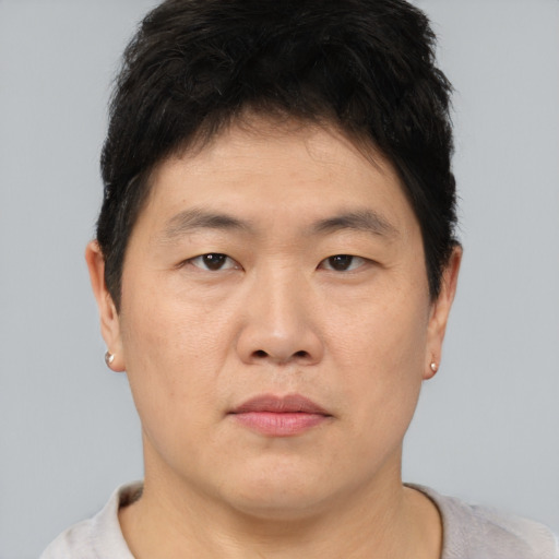Neutral asian young-adult male with short  brown hair and brown eyes