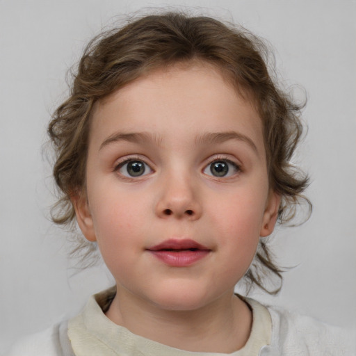 Neutral white child female with medium  brown hair and blue eyes