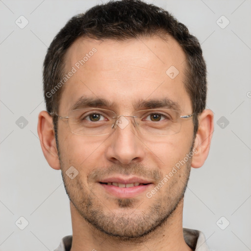 Joyful white adult male with short  brown hair and brown eyes