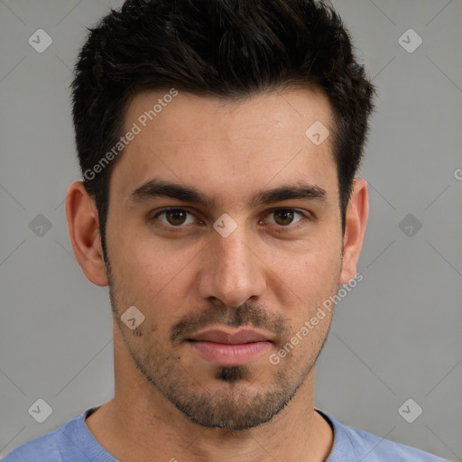 Neutral white young-adult male with short  brown hair and brown eyes