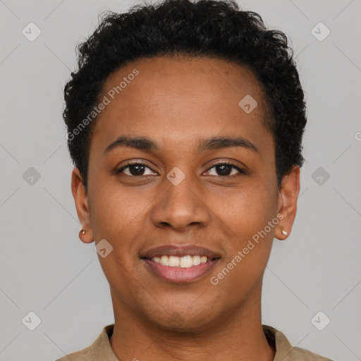 Joyful black young-adult female with short  brown hair and brown eyes