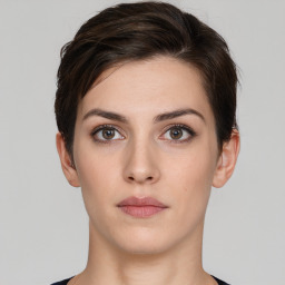 Neutral white young-adult female with short  brown hair and brown eyes