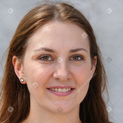 Joyful white young-adult female with long  brown hair and grey eyes