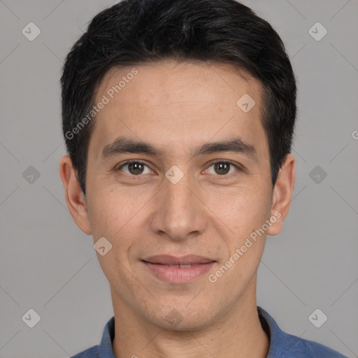 Joyful white young-adult male with short  black hair and brown eyes