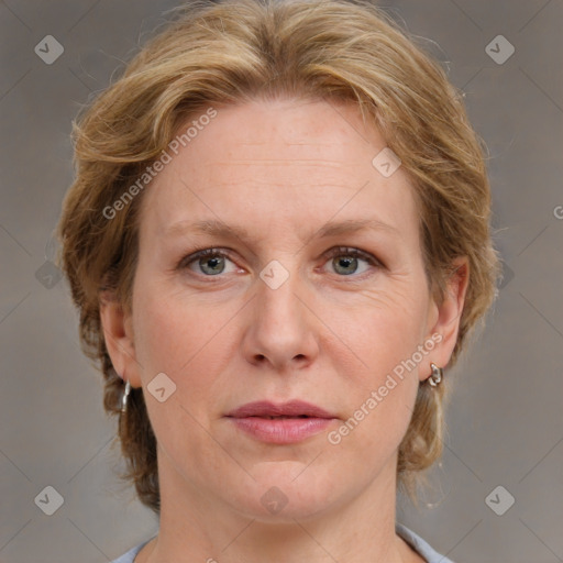 Joyful white adult female with medium  brown hair and blue eyes