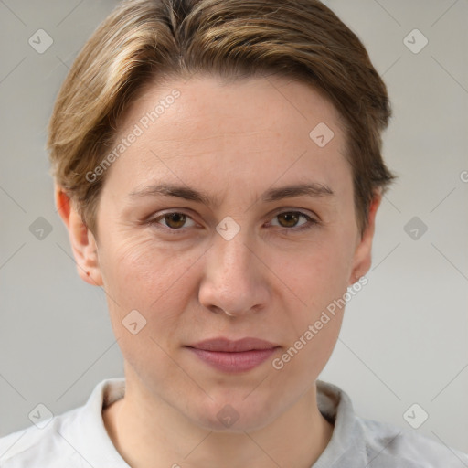 Joyful white young-adult female with short  brown hair and grey eyes