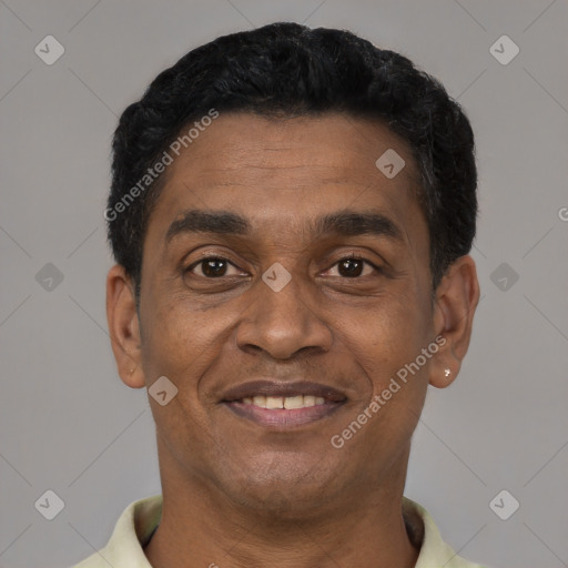 Joyful latino adult male with short  black hair and brown eyes