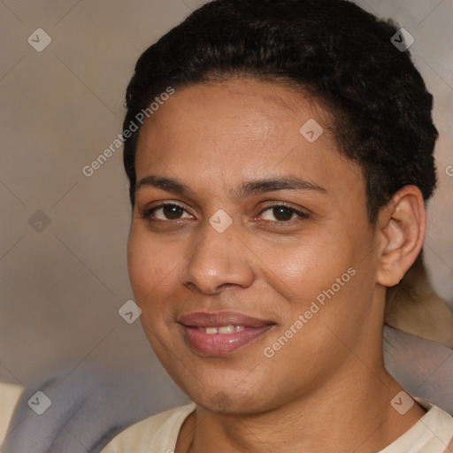 Joyful latino young-adult female with short  brown hair and brown eyes