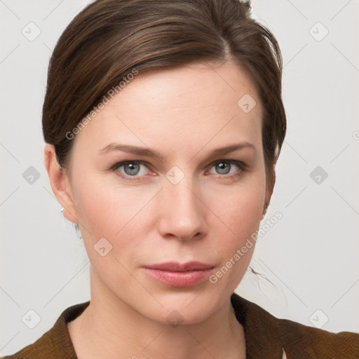 Neutral white young-adult female with medium  brown hair and grey eyes