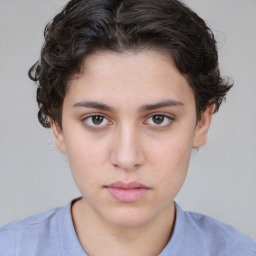 Neutral white young-adult female with short  brown hair and brown eyes