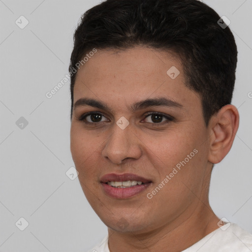 Joyful white young-adult female with short  brown hair and brown eyes