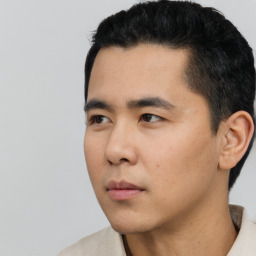 Neutral asian young-adult male with short  black hair and brown eyes